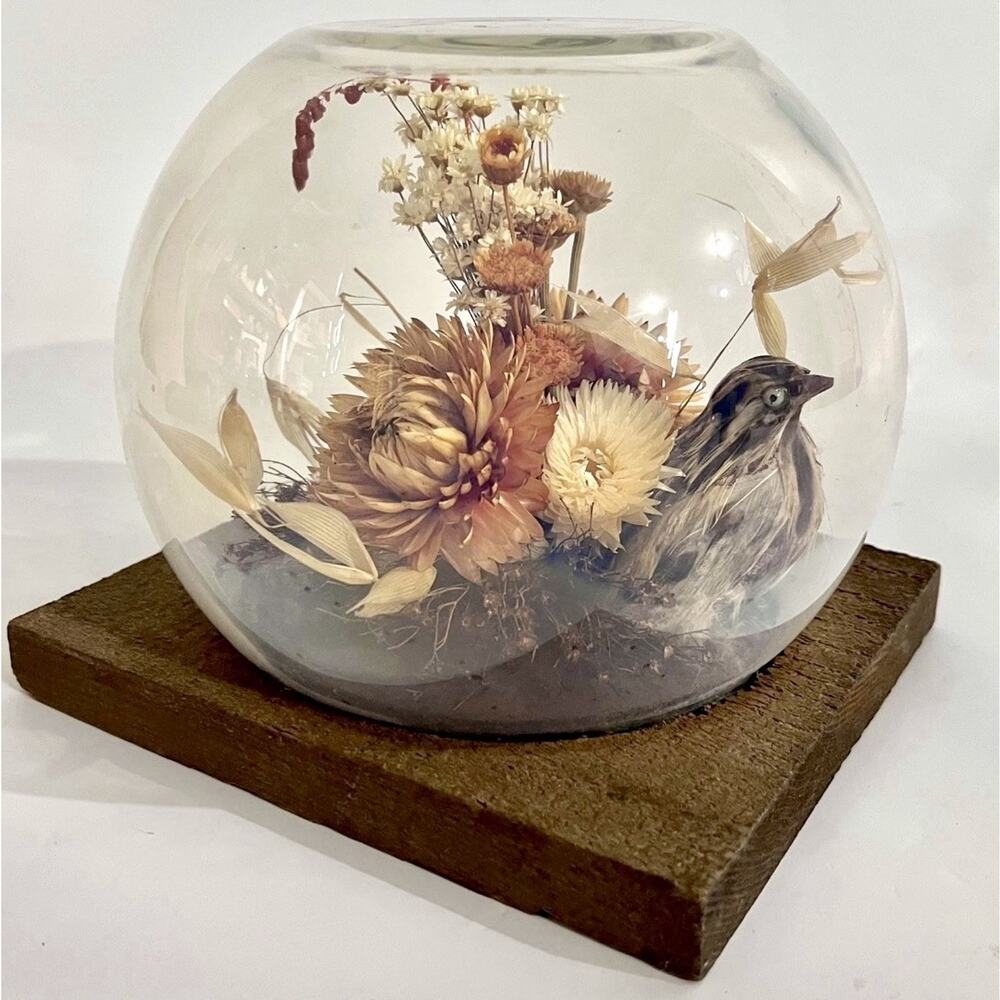 Vintage 60s Dried Flower Glass Terrarium Bird Floral Strawflower Daisy Bouquet
